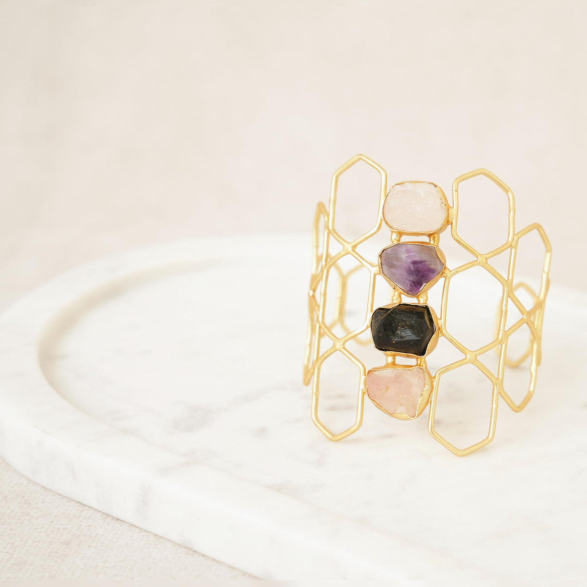 Raw Uncut Gemstone Honeycomb Cuff - Design A