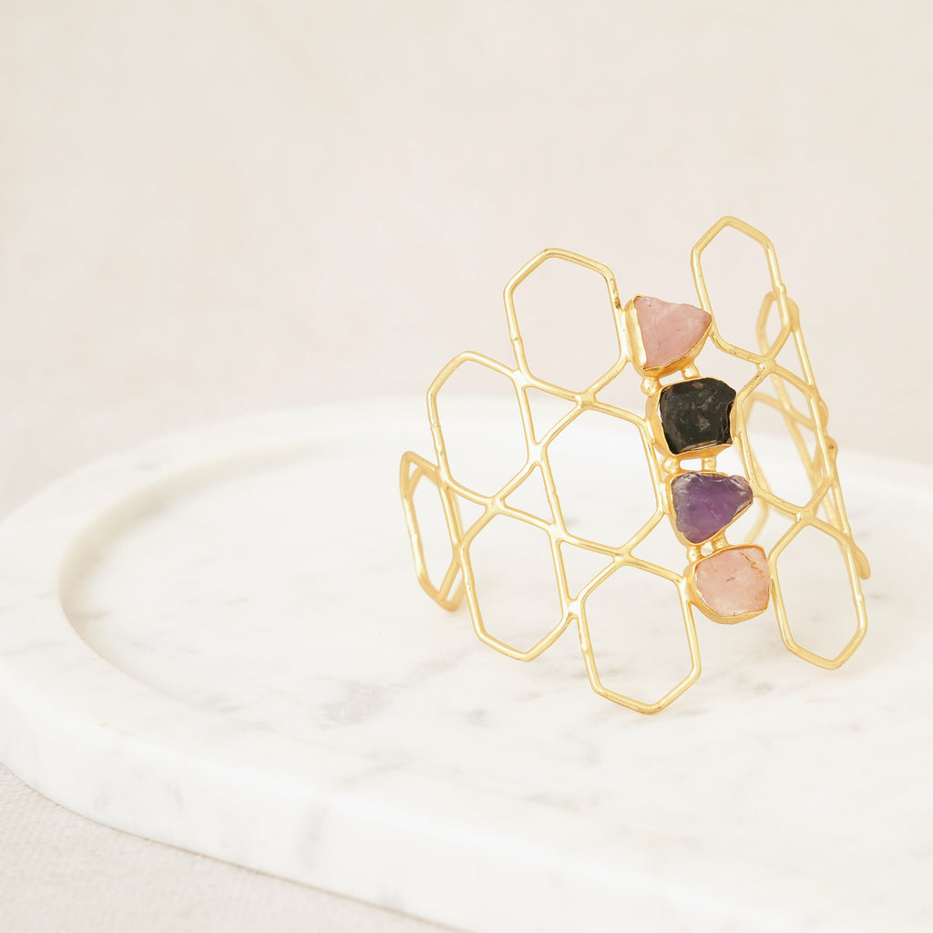 Raw Uncut Gemstone Honeycomb Cuff - Design B