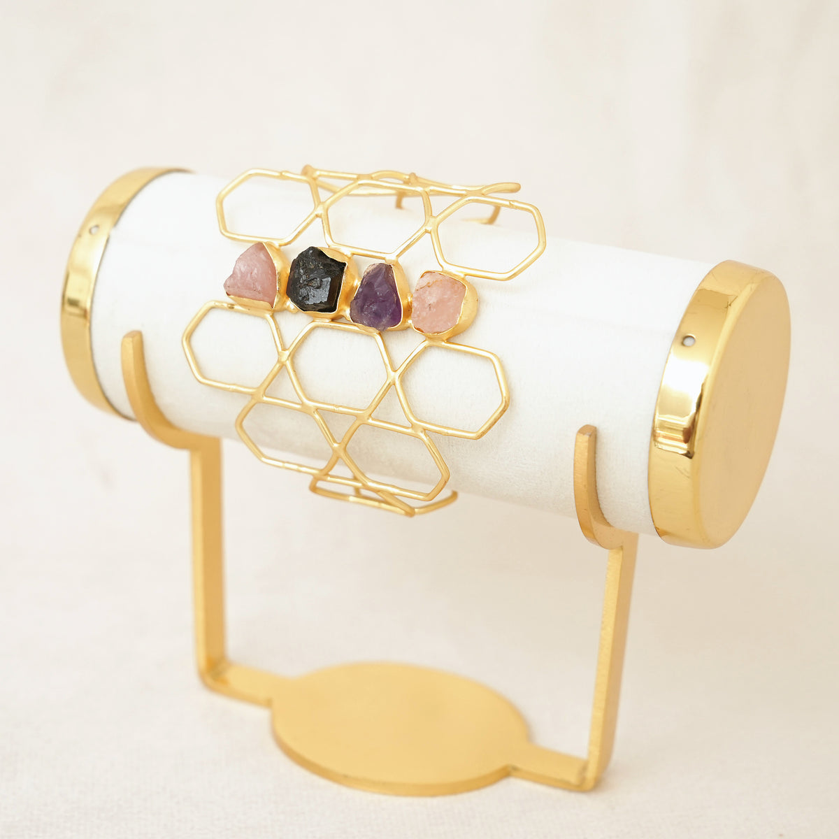 Raw Uncut Gemstone Honeycomb Cuff - Design B