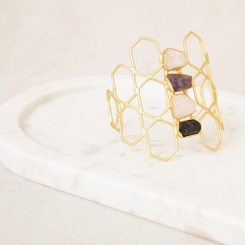 Raw Uncut Gemstone Honeycomb Cuff - Design C