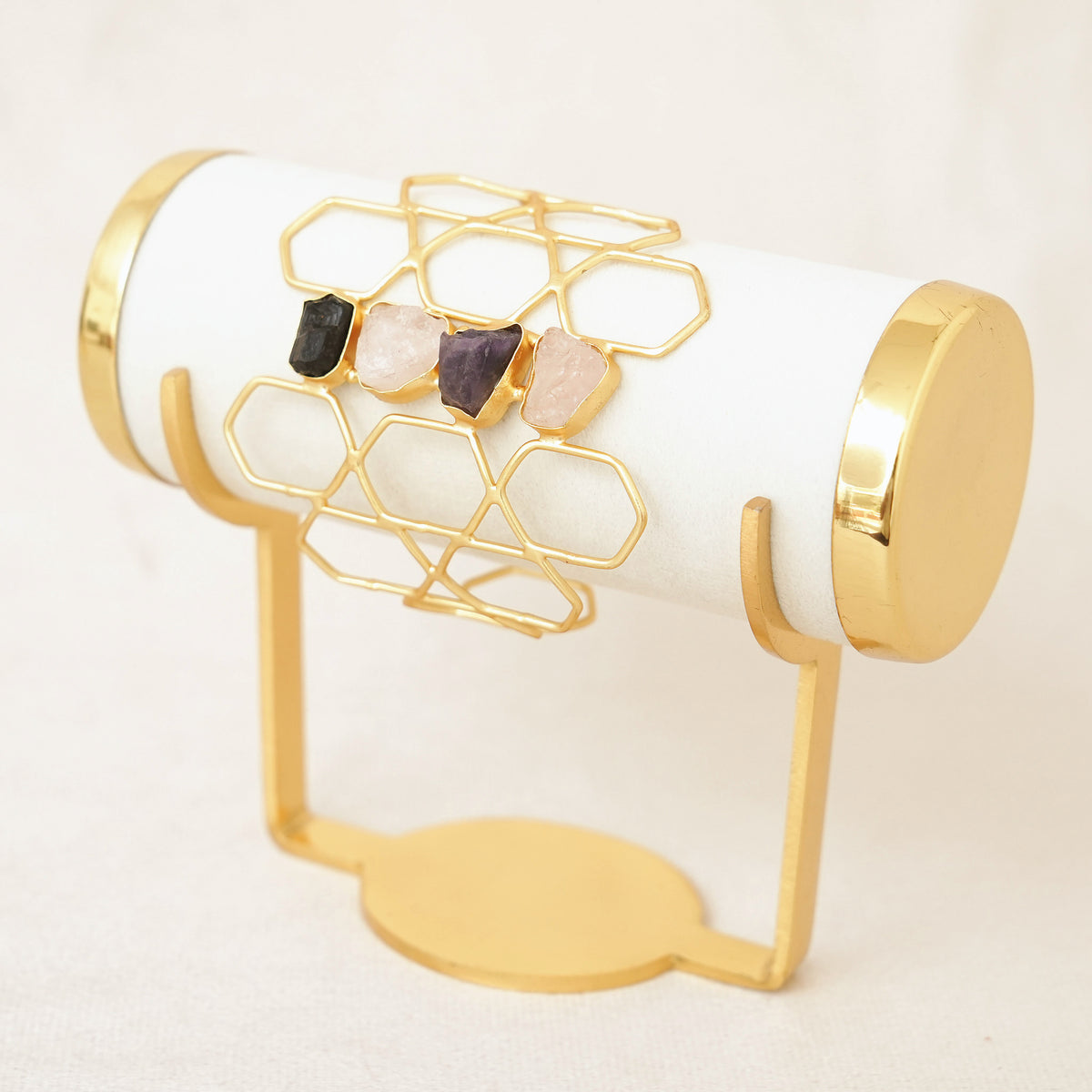 Raw Uncut Gemstone Honeycomb Cuff - Design C