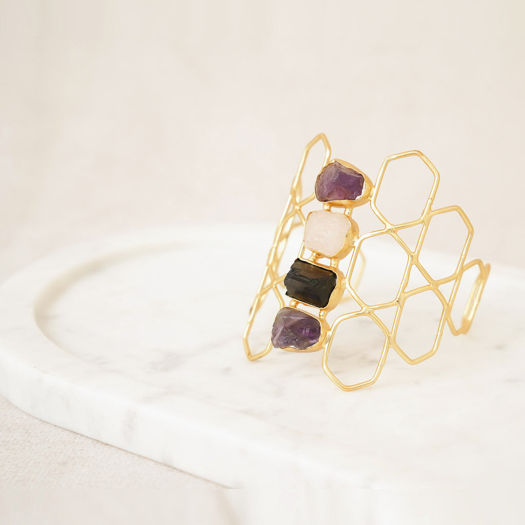 Raw Uncut Gemstone Honeycomb Cuff - Design D