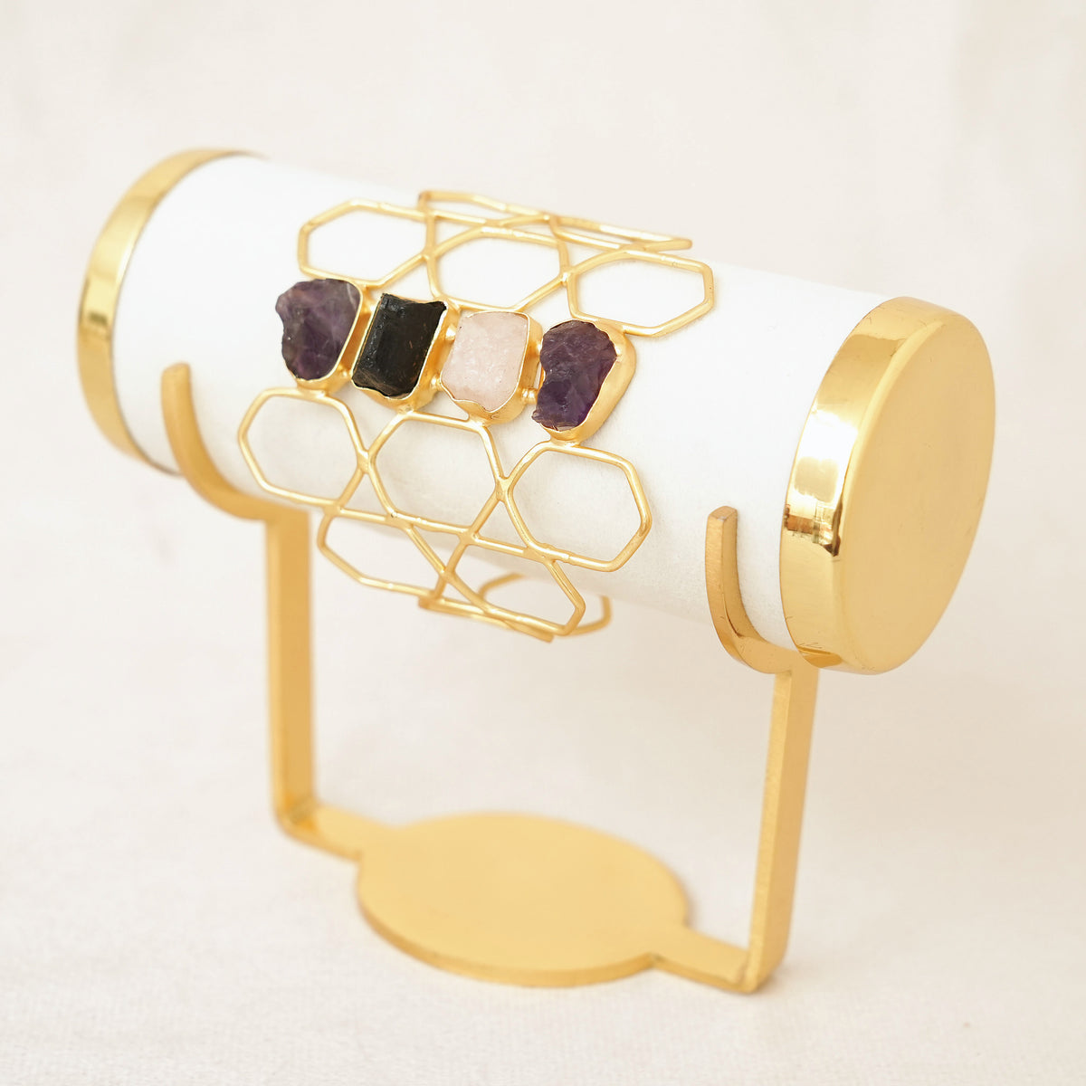 Raw Uncut Gemstone Honeycomb Cuff - Design D