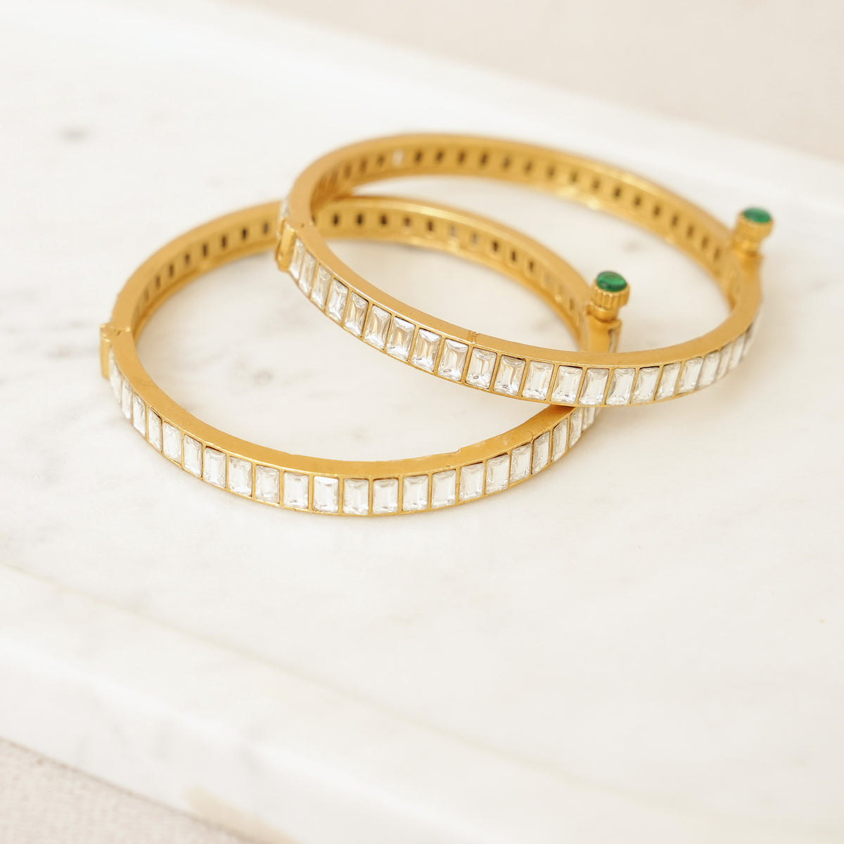 Square Kundan Stone Bangles - Crystal White