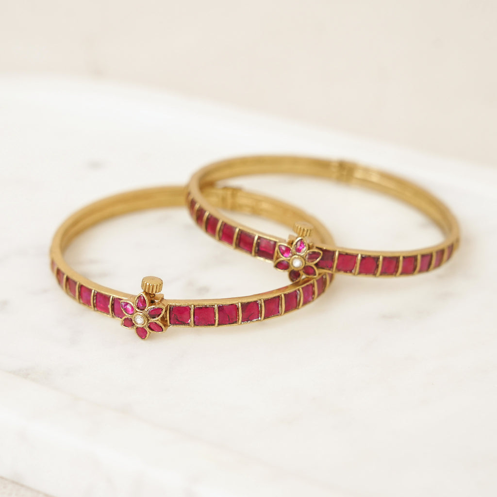 Square Kundan Stone Bangles - Ruby Red