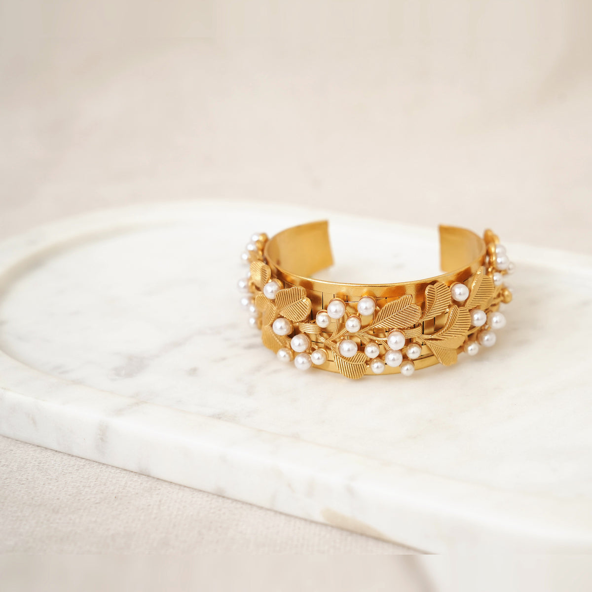 Gold Leaf & Pearl Cuff Bracelet