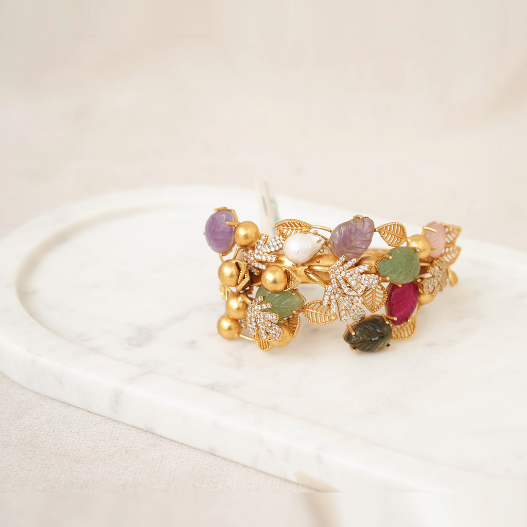 Carved Gemstone Leaf Statement Cuff