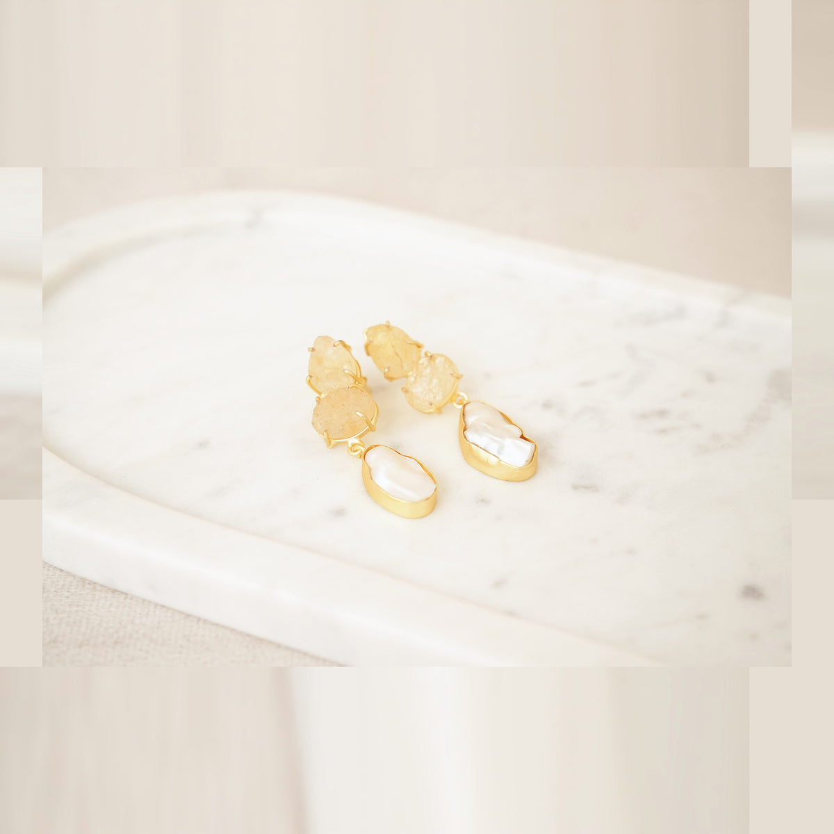Raw Gemstone & Baroque Pearl Drop Earrings - Yellow