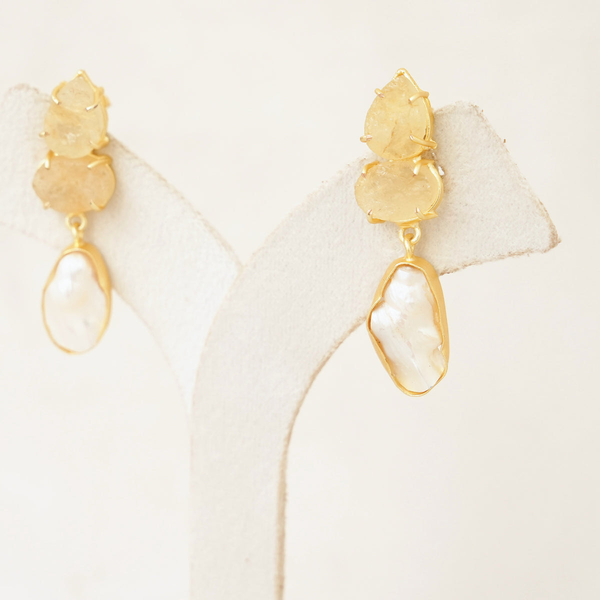 Raw Gemstone & Baroque Pearl Drop Earrings - Yellow