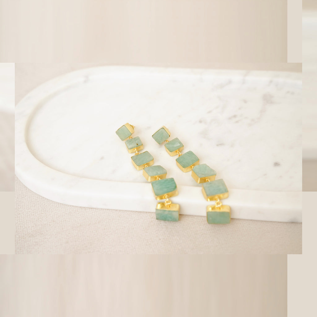 Raw Gemstone Linear Drop Earrings - Sea Green