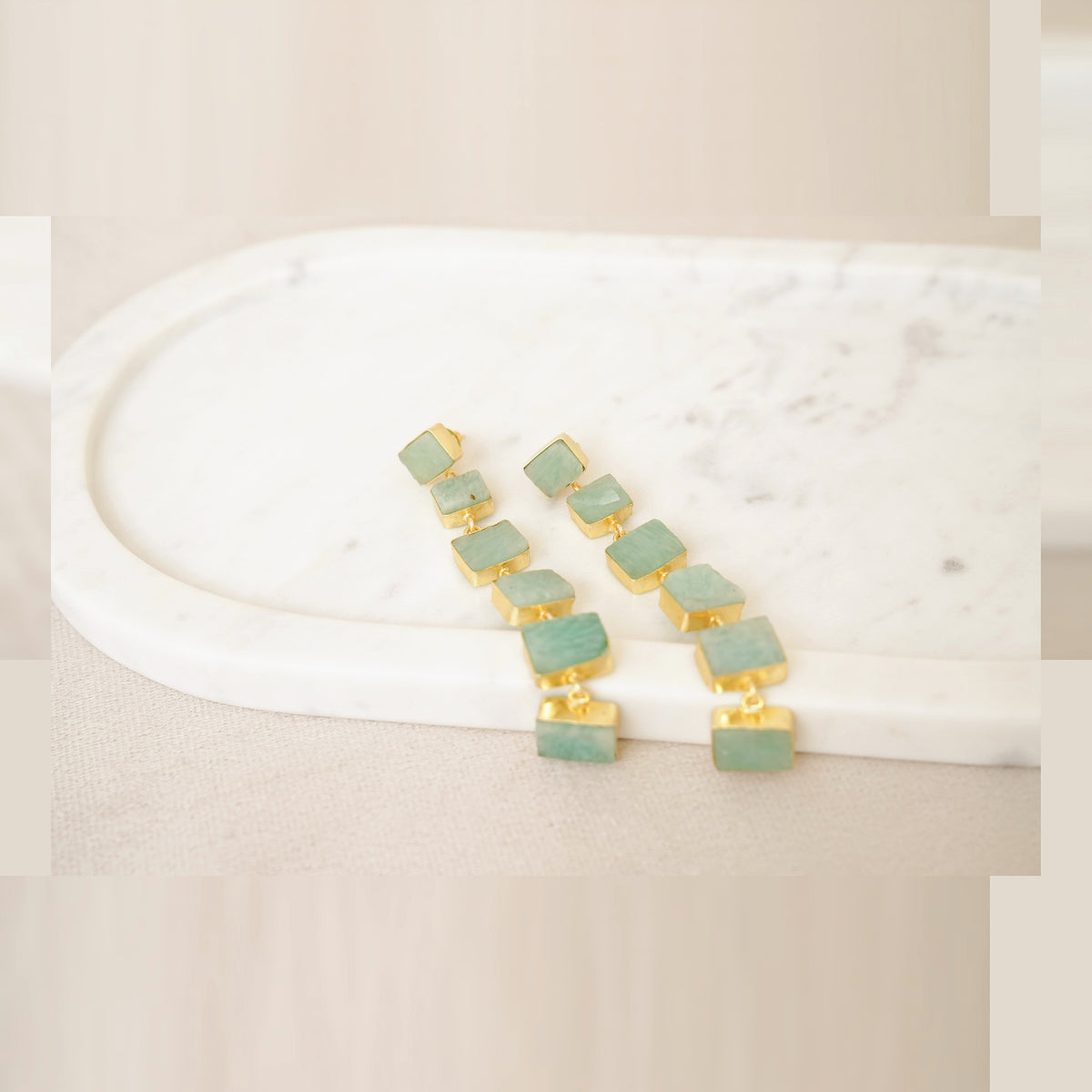 Raw Gemstone Linear Drop Earrings - Sea Green