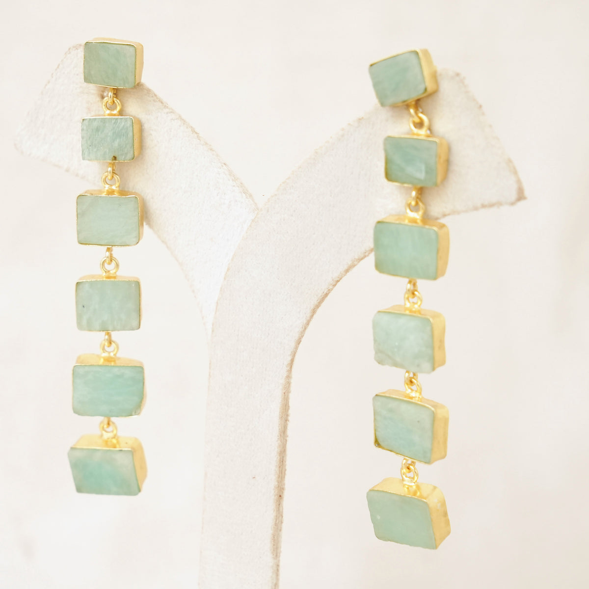 Raw Gemstone Linear Drop Earrings - Sea Green