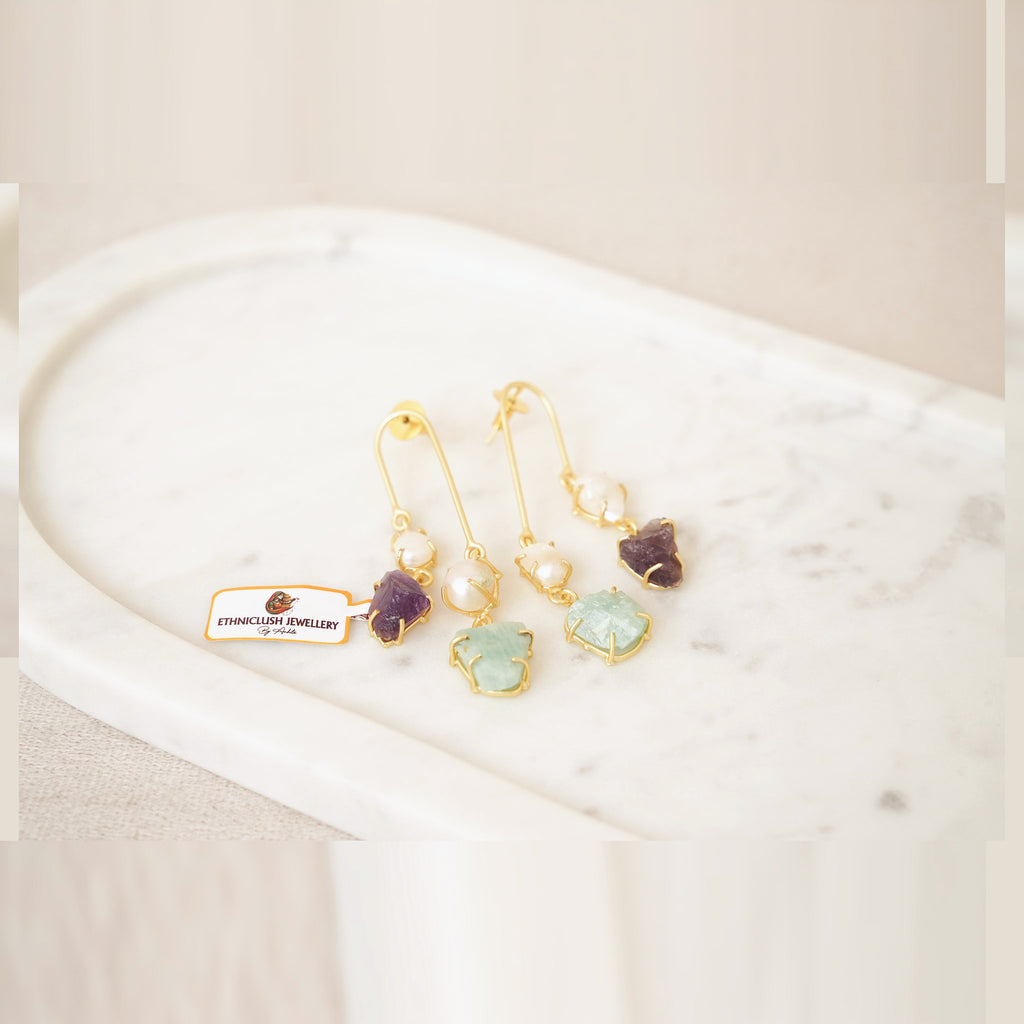 Raw Gemstone & Pearl U-Drop Earrings - Purple & Aqua