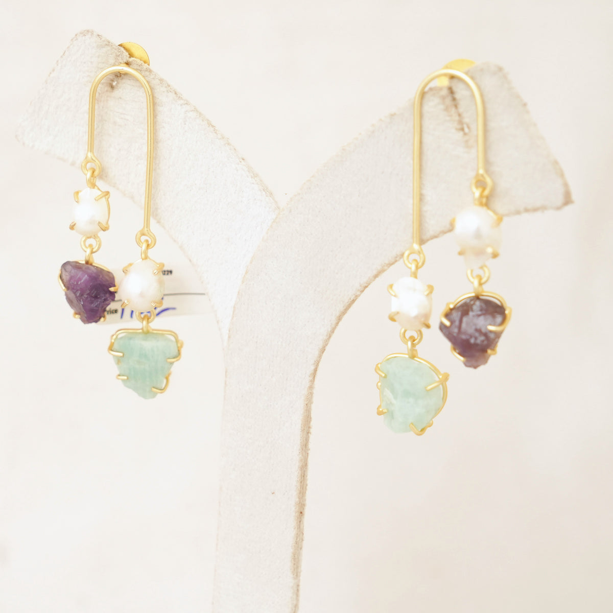Raw Gemstone & Pearl U-Drop Earrings - Purple & Aqua