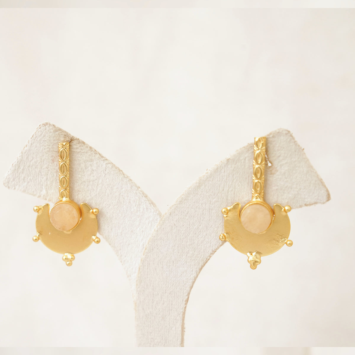 Gold Shield Gemstone Drop Earrings - Peach
