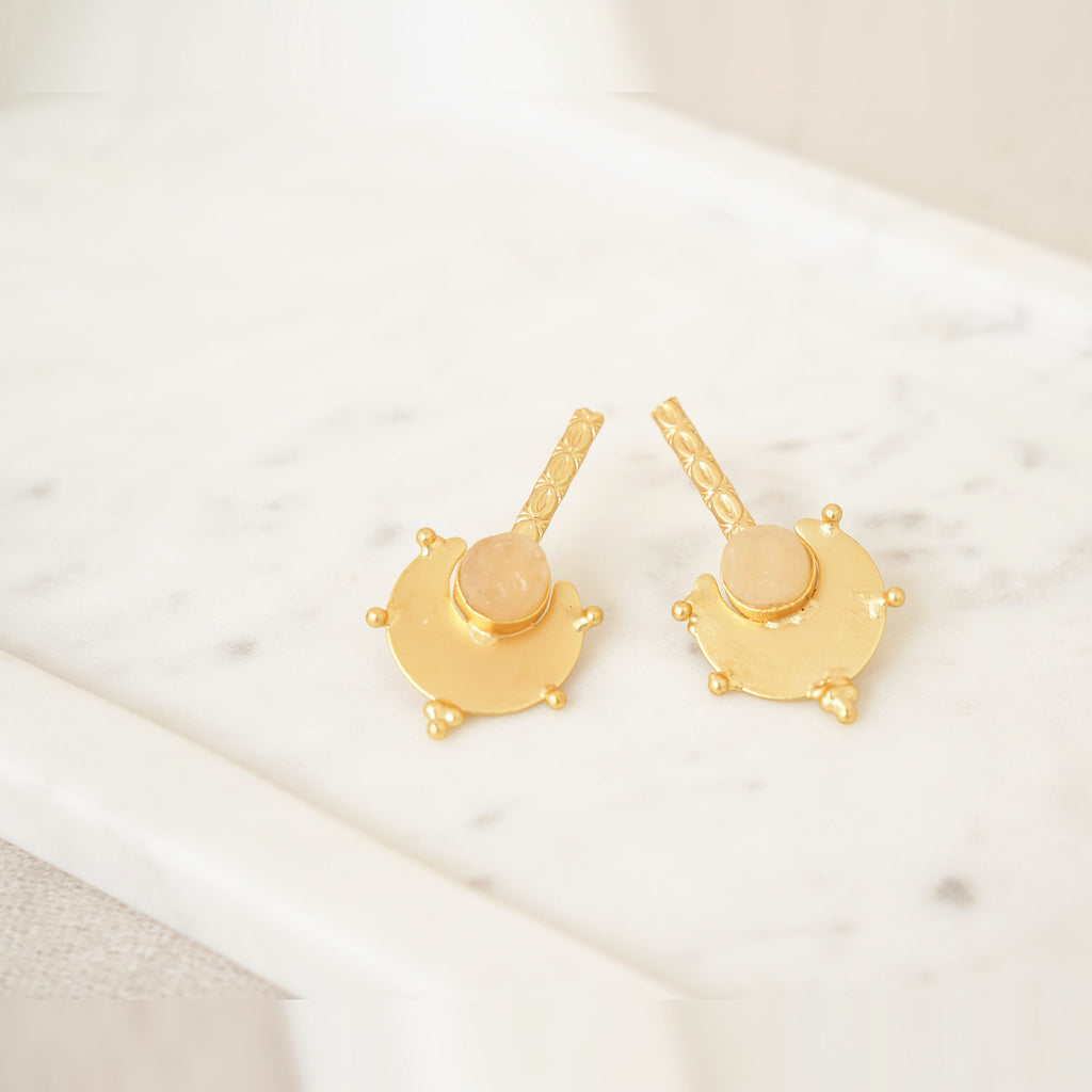 Gold Shield Gemstone Drop Earrings - Peach