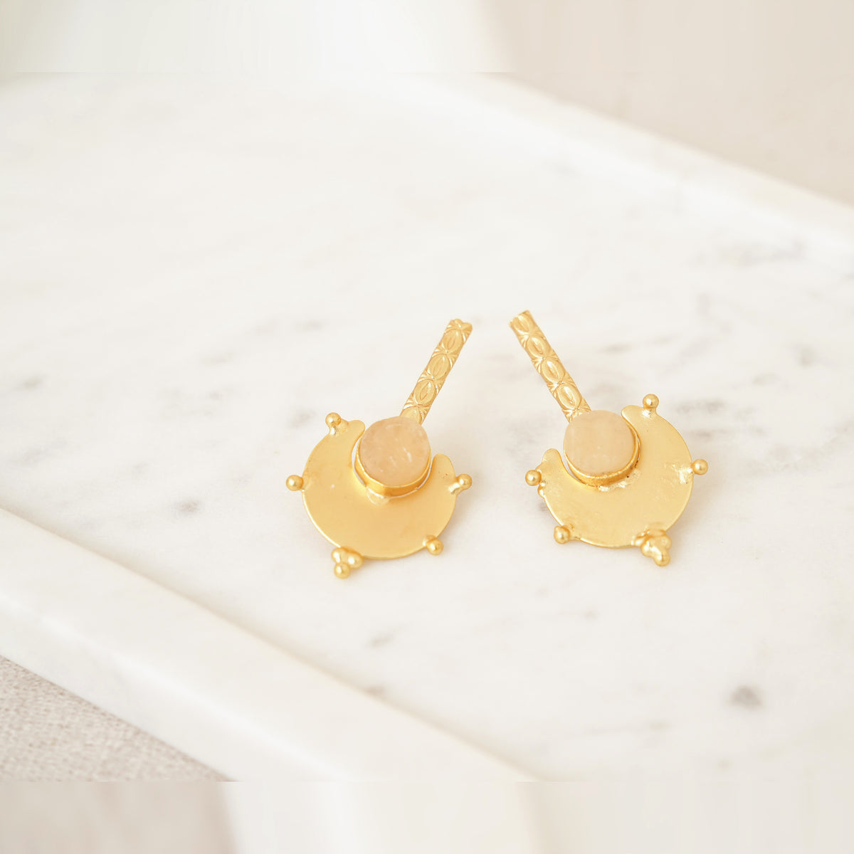 Gold Shield Gemstone Drop Earrings - Peach