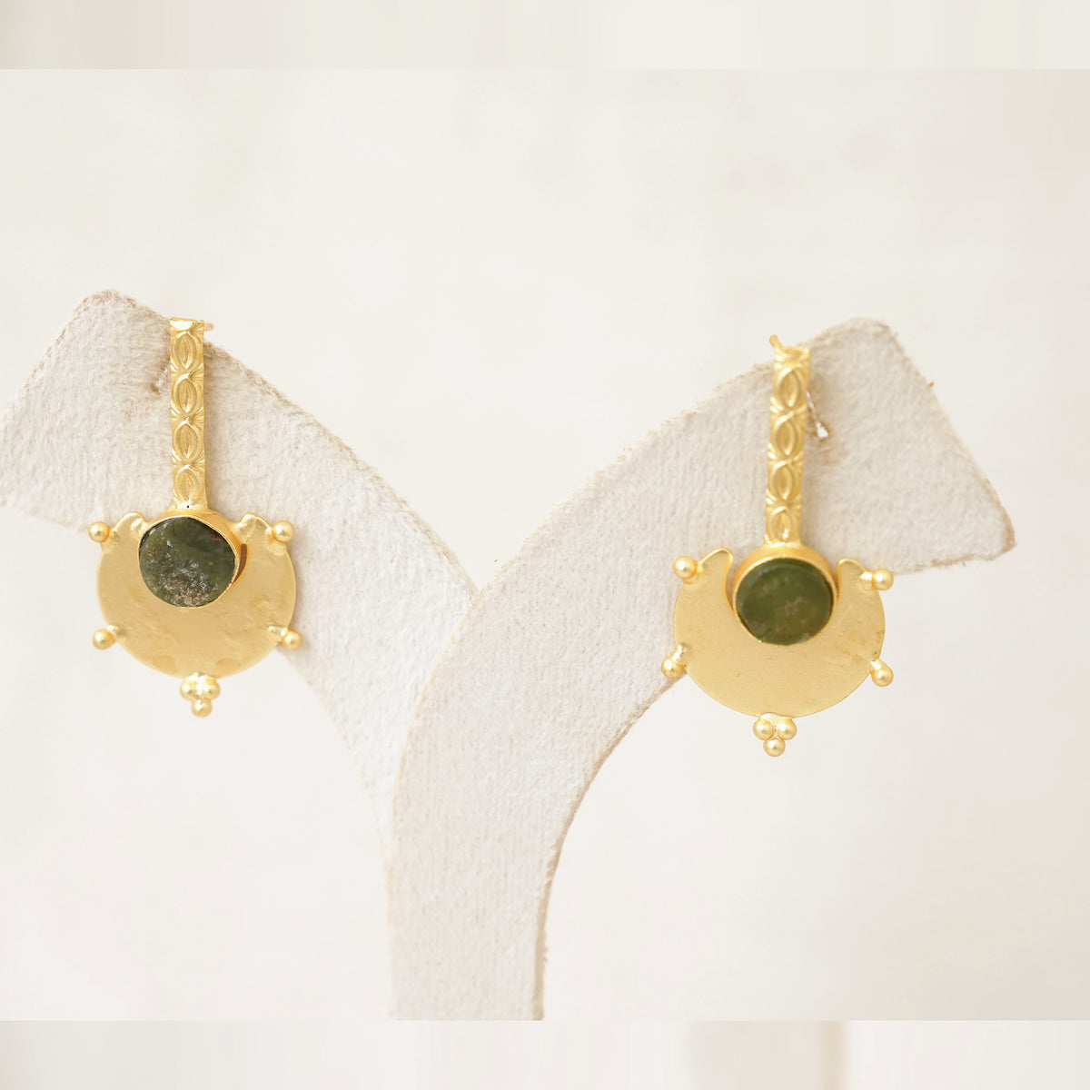 Gold Shield Gemstone Drop Earrings - Olive Green