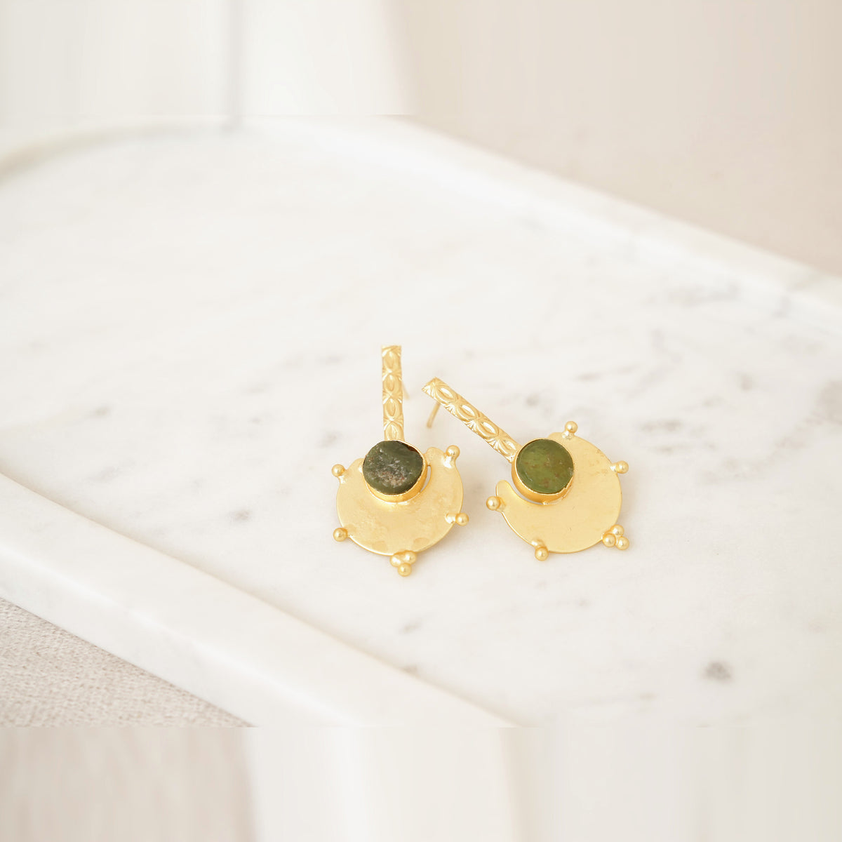 Gold Shield Gemstone Drop Earrings - Olive Green