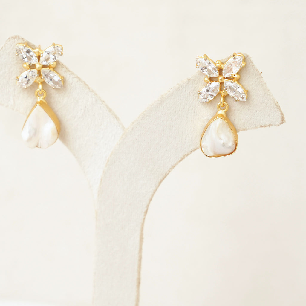 Crystal Flower & Baroque Pearl Drop Earrings