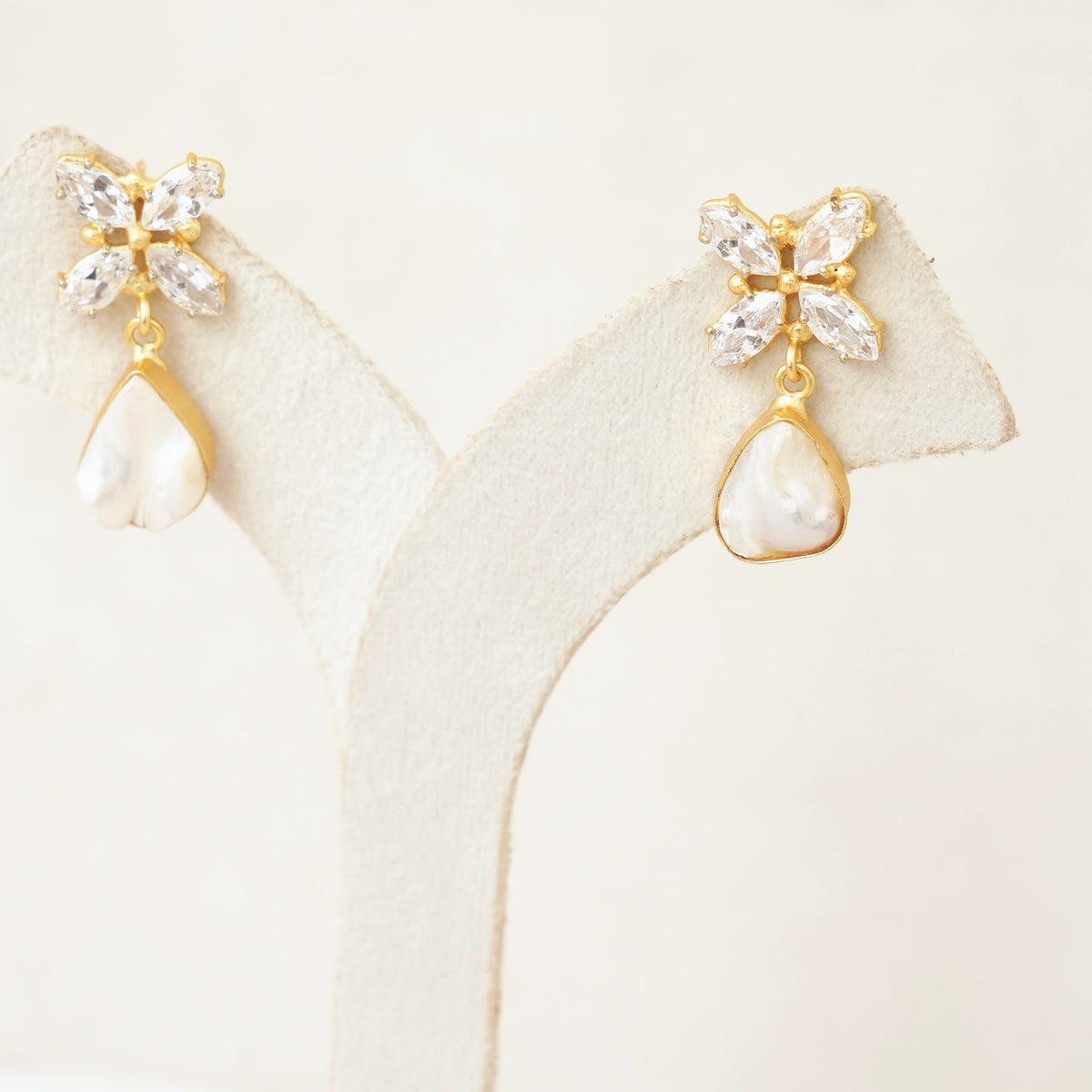Crystal Flower & Baroque Pearl Drop Earrings
