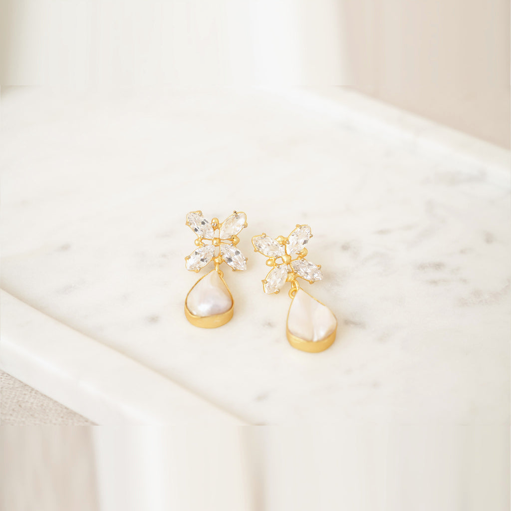 Crystal Flower & Baroque Pearl Drop Earrings