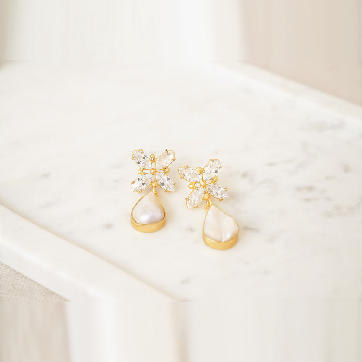 Crystal Flower & Baroque Pearl Drop Earrings