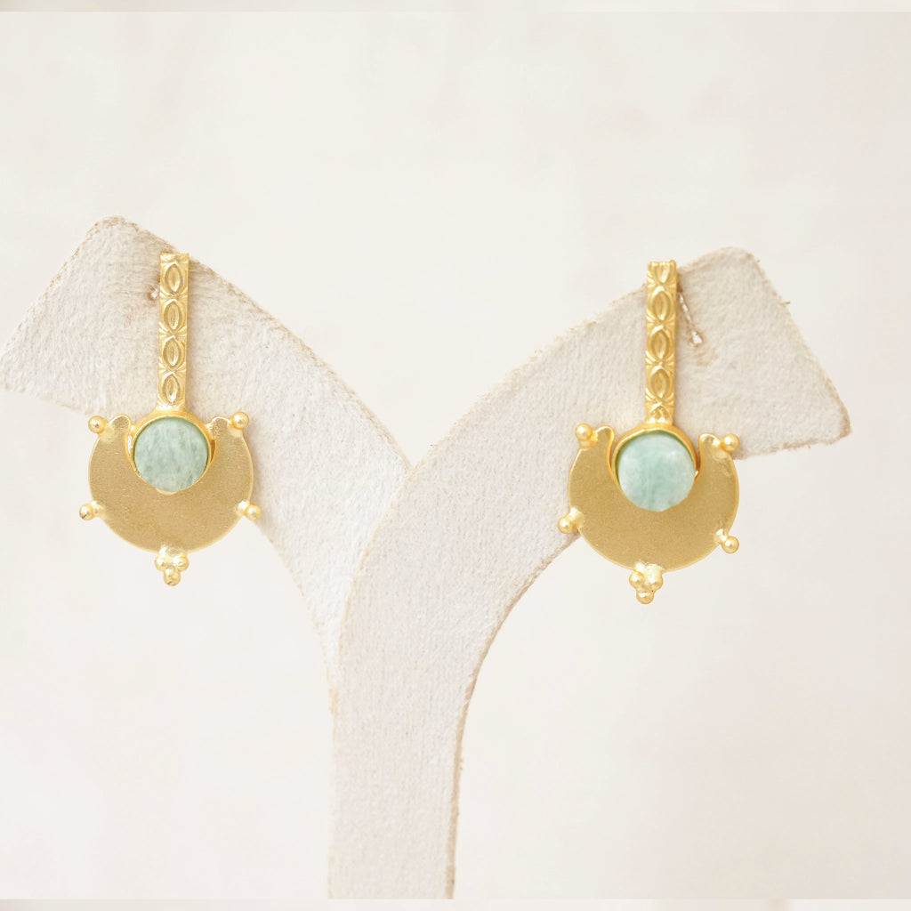 Gold Shield Gemstone Drop Earrings - Aqua