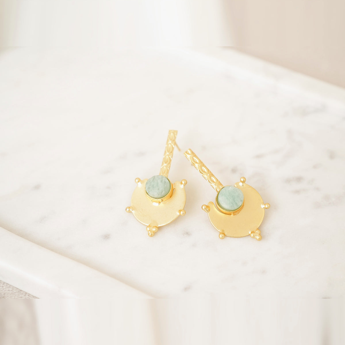 Gold Shield Gemstone Drop Earrings - Aqua