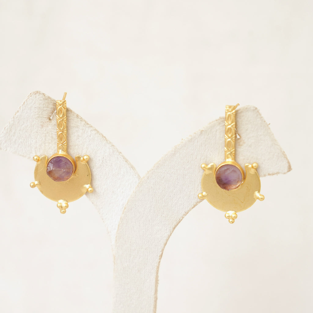 Gold Shield Gemstone Drop Earrings - Purple