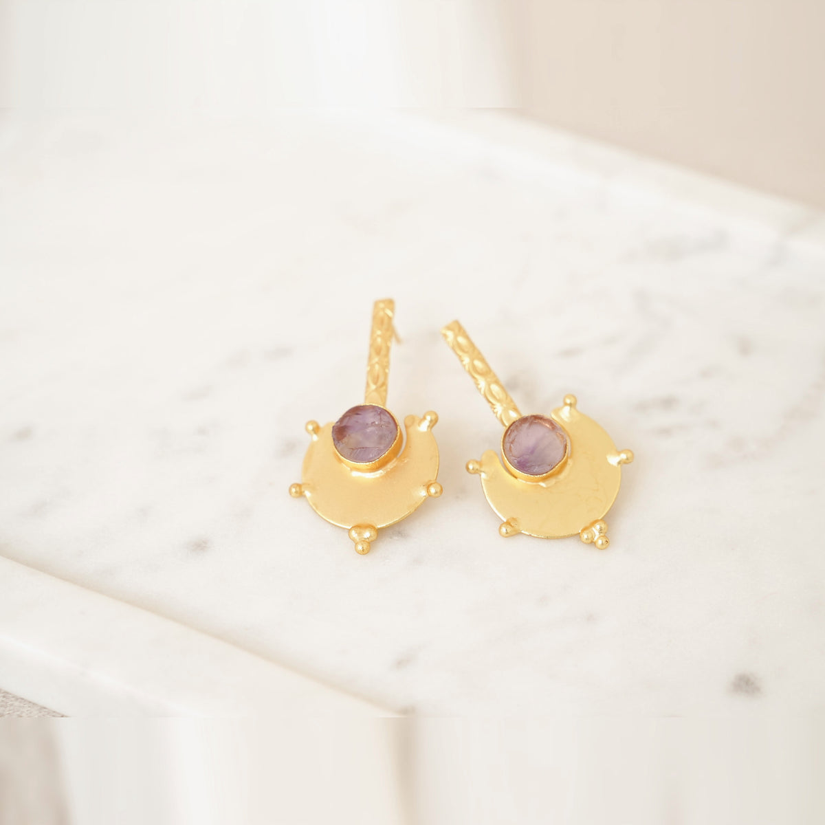 Gold Shield Gemstone Drop Earrings - Purple