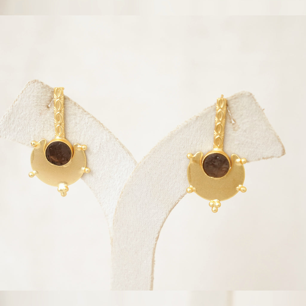 Gold Shield Gemstone Drop Earrings - Smoky Brown