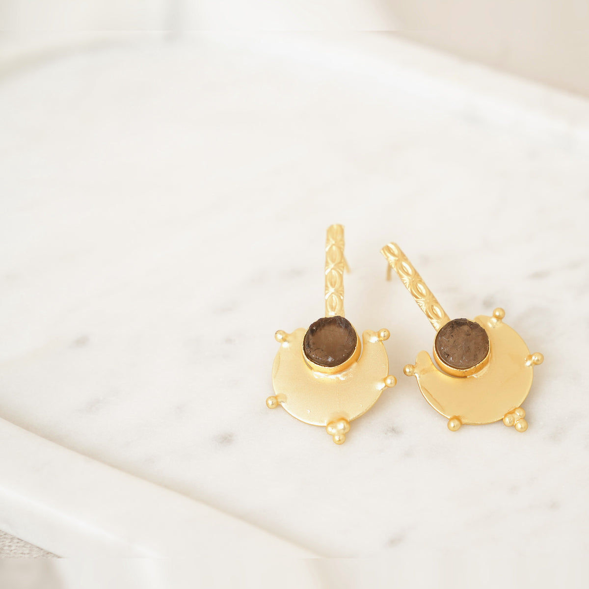 Gold Shield Gemstone Drop Earrings - Smoky Brown
