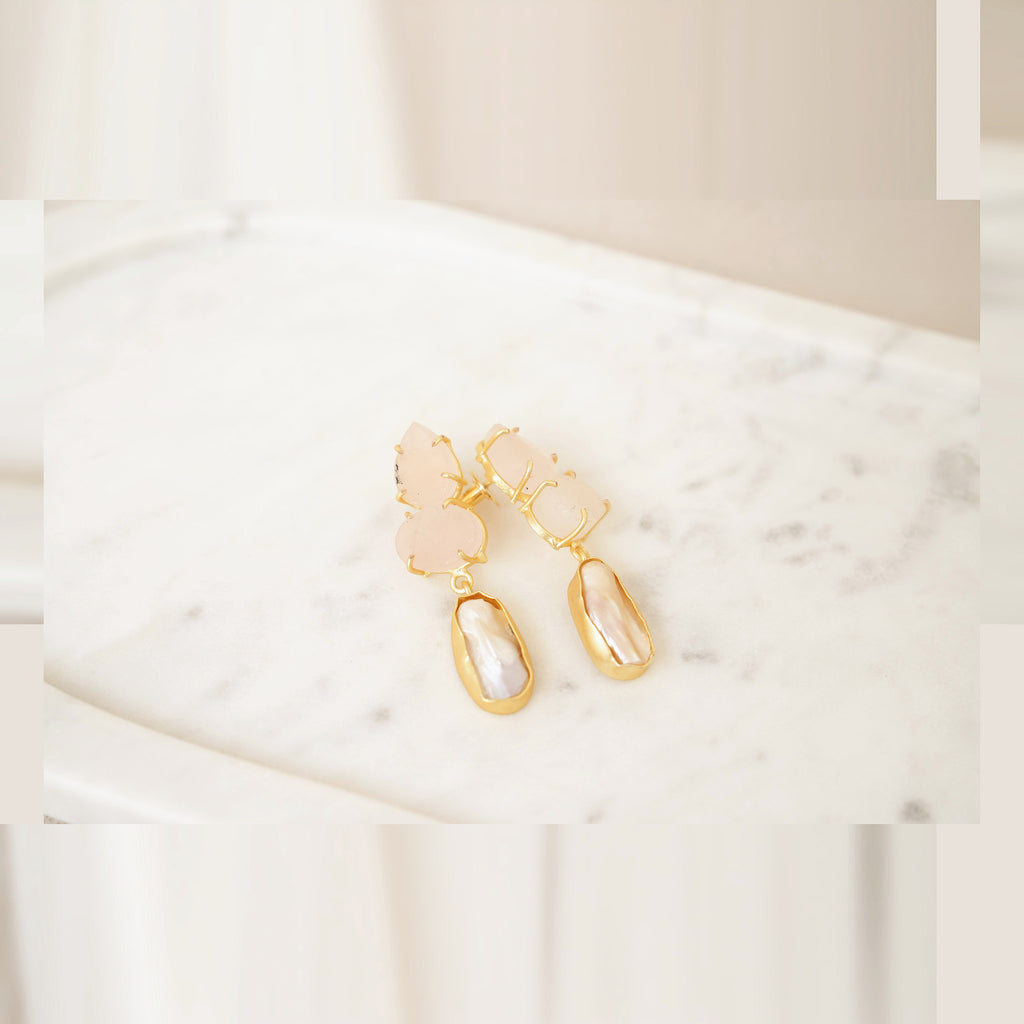 Raw Gemstone & Baroque Pearl Drop Earrings - Pink
