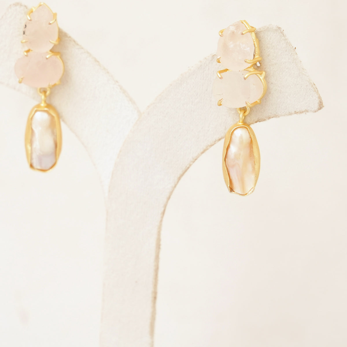 Raw Gemstone & Baroque Pearl Drop Earrings - Pink