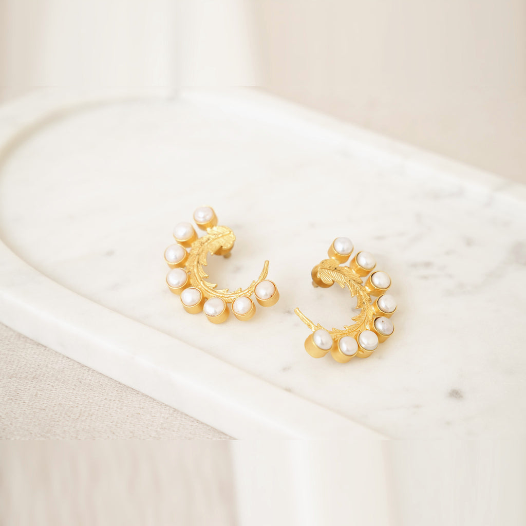 Pearl & Gold Leaf Crescent Earrings