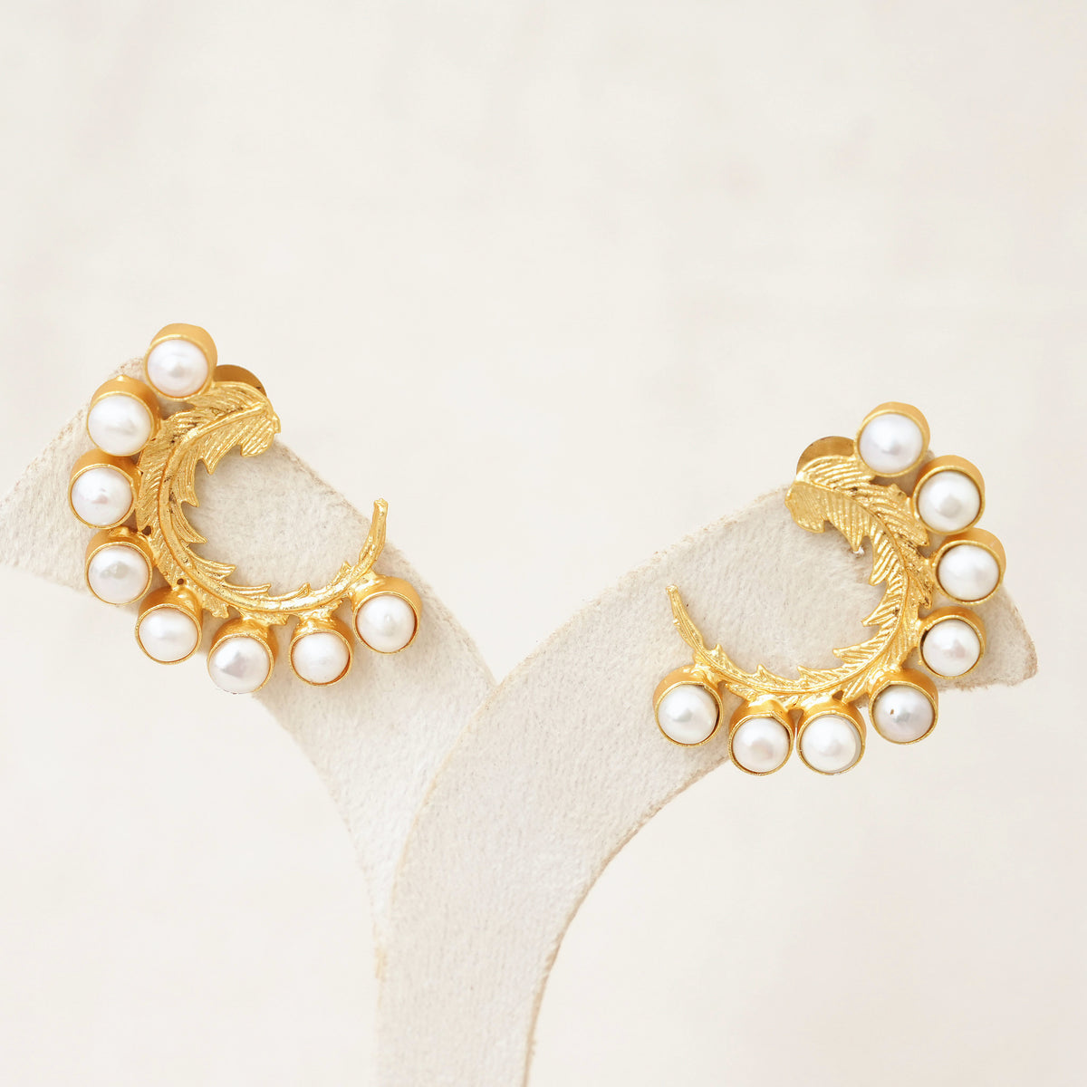 Pearl & Gold Leaf Crescent Earrings