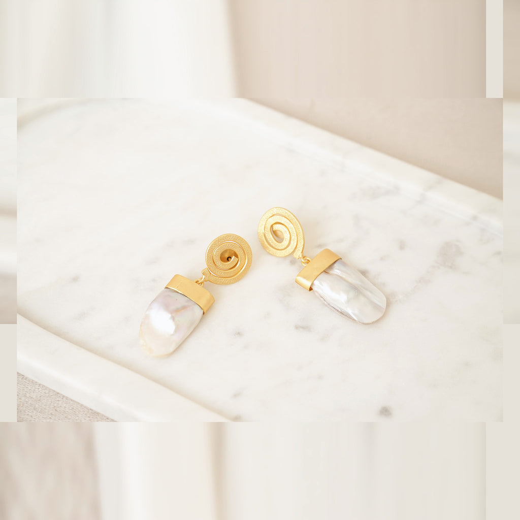 Gold Spiral Baroque Pearl Drop Earrings