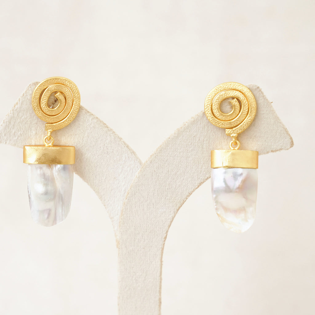 Gold Spiral Baroque Pearl Drop Earrings