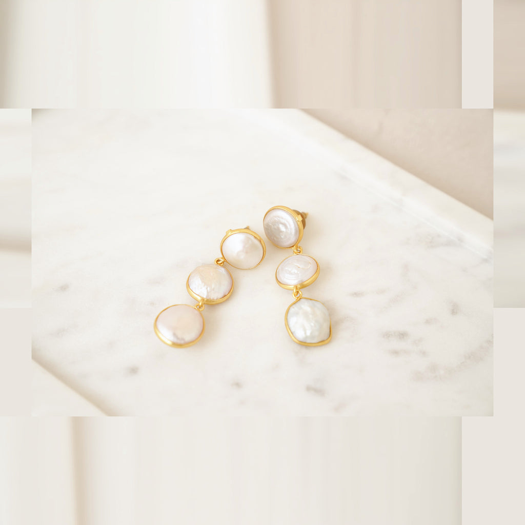 Coin Pearl Triple Drop Earrings