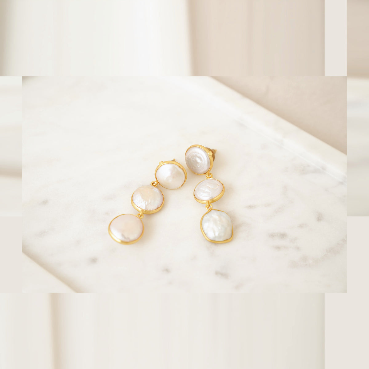 Coin Pearl Triple Drop Earrings