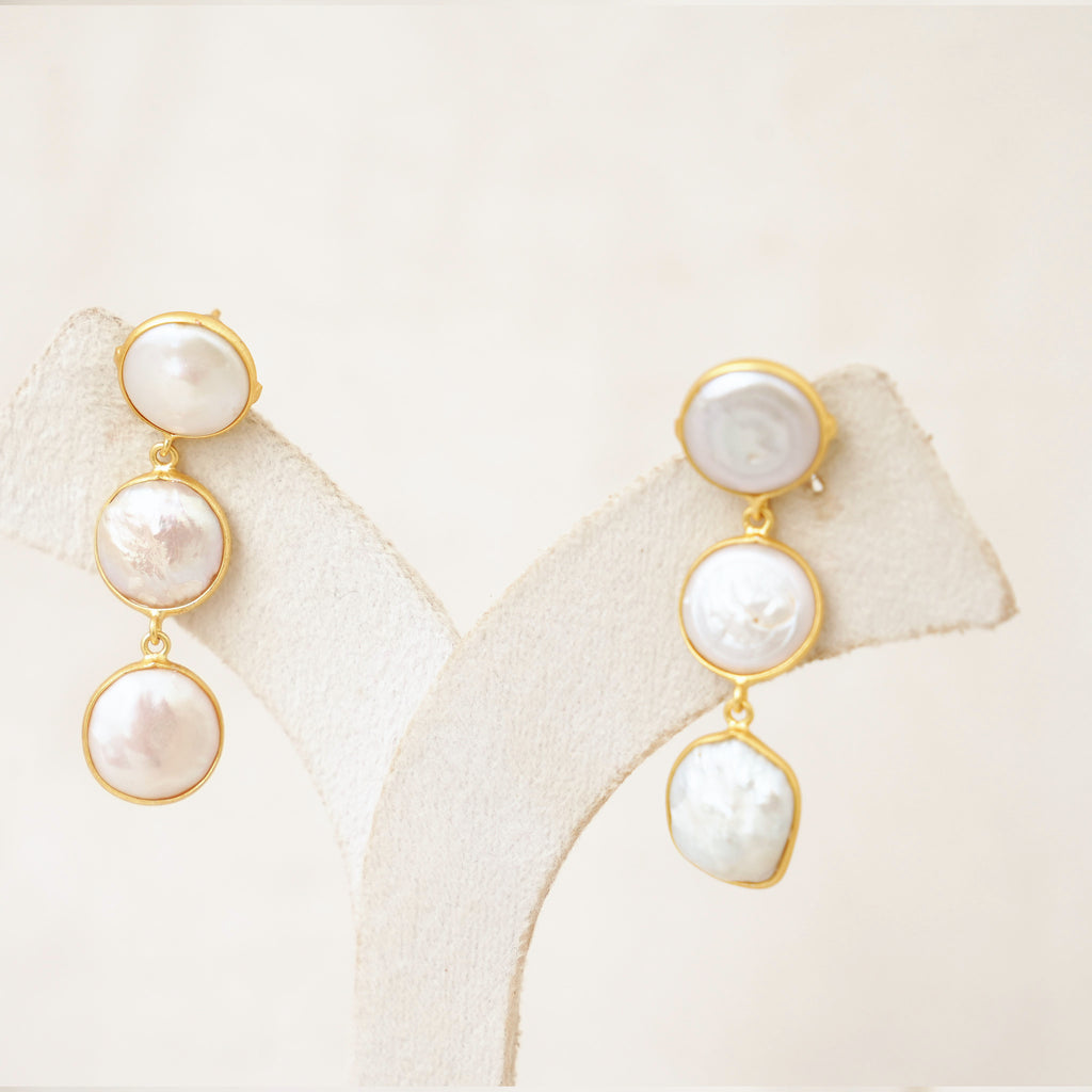 Coin Pearl Triple Drop Earrings