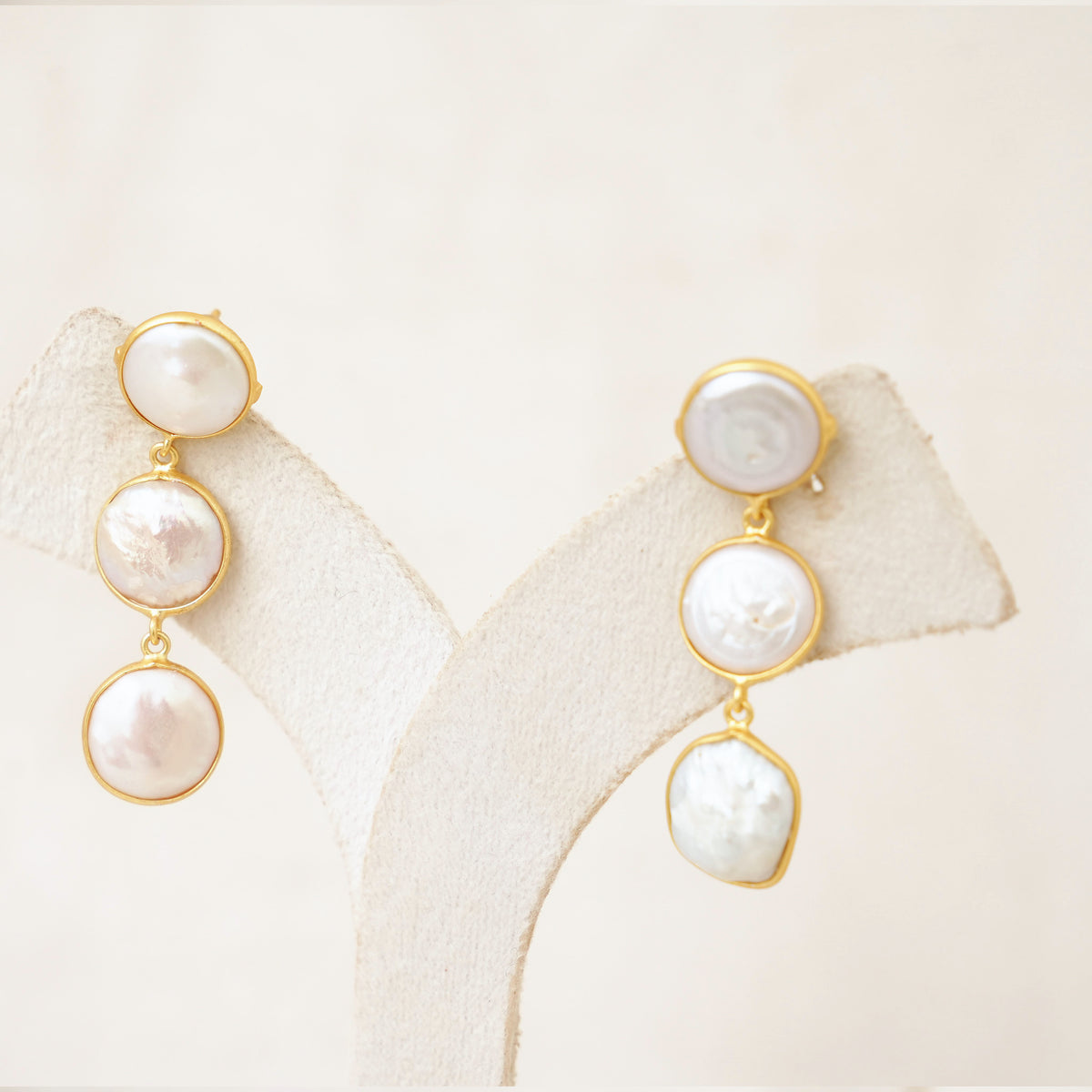 Coin Pearl Triple Drop Earrings