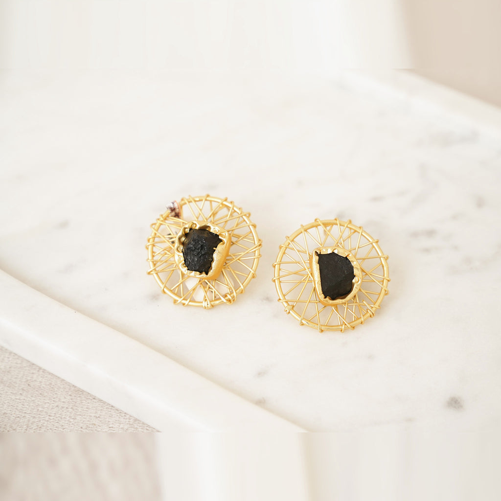 Raw Gemstone Wire Web Stud Earrings - Black