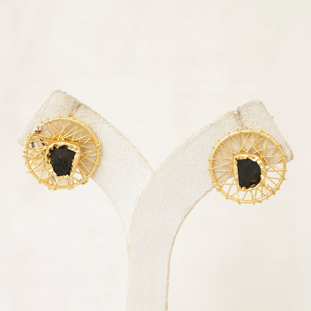 Raw Gemstone Wire Web Stud Earrings - Black