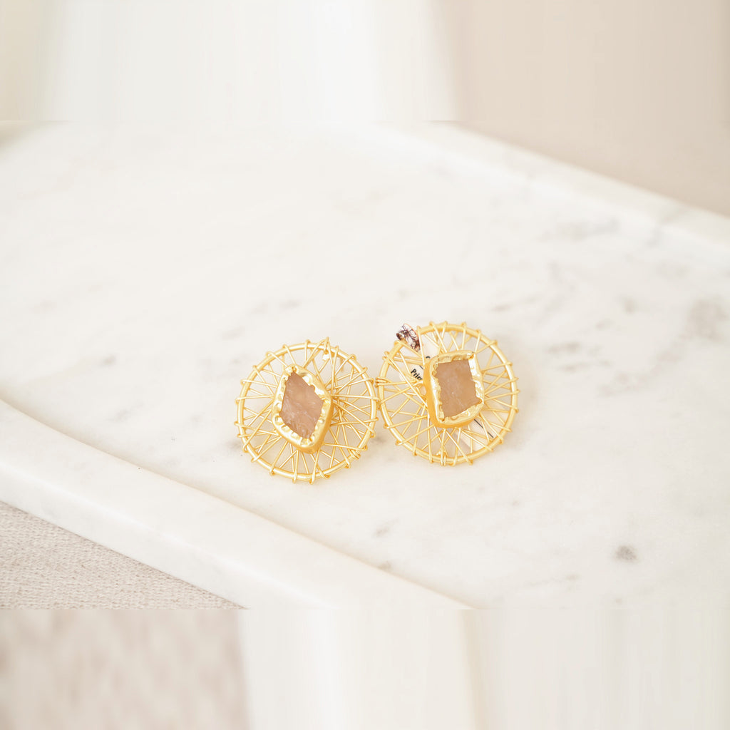 Raw Gemstone Wire Web Stud Earrings - Peach