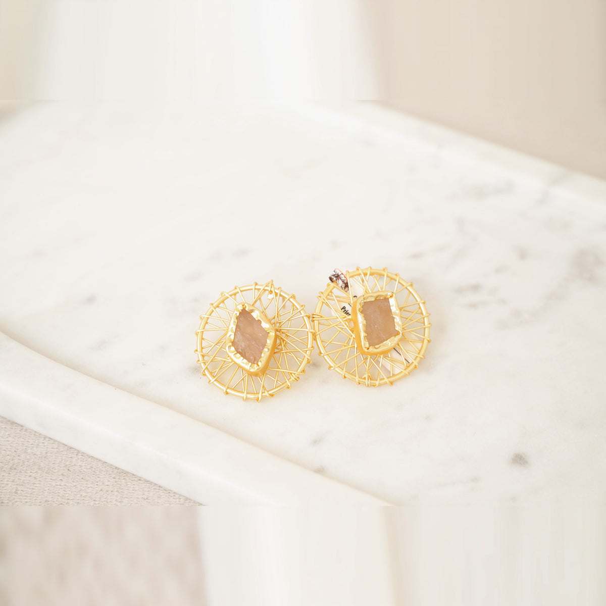 Raw Gemstone Wire Web Stud Earrings - Peach