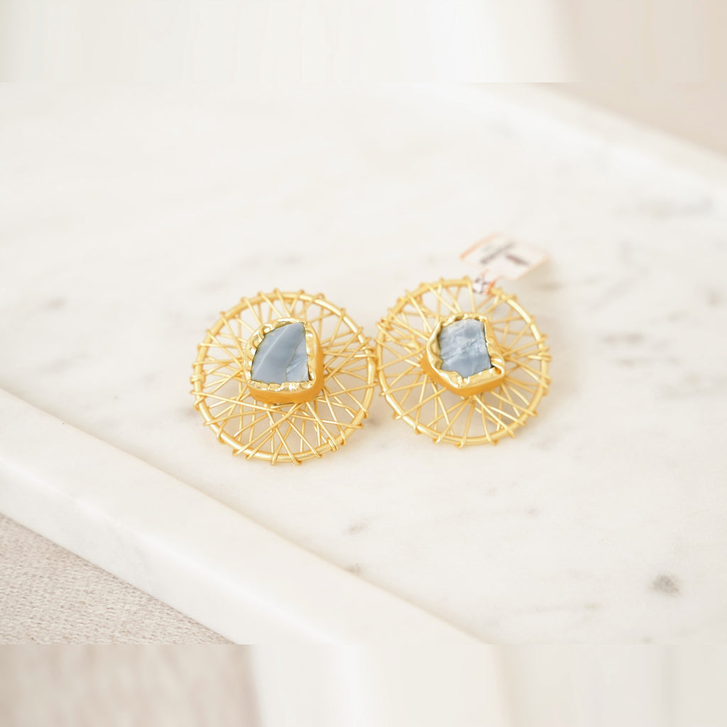 Raw Gemstone Wire Web Stud Earrings - Blue