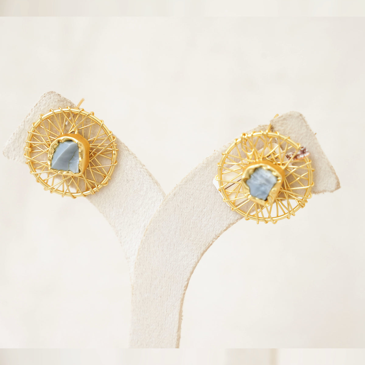 Raw Gemstone Wire Web Stud Earrings - Blue