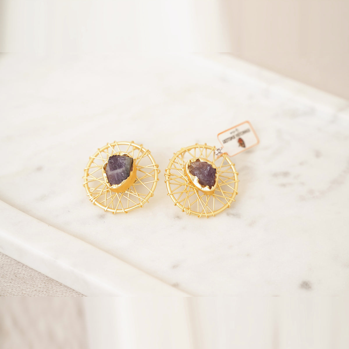 Raw Gemstone Wire Web Stud Earrings - Purple